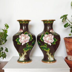 Pair Of Vintage Chinese Cloisonné Vases With Pink Flowers, Black Background